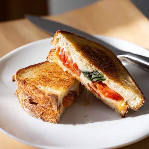 Golden-brown Tomato Basil Grilled Cheese with melted mozzarella, fresh basil, and juicy tomato slices on a cutting board.  