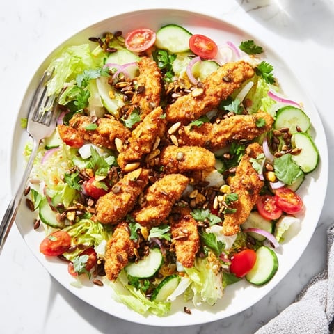 Crispy Hot Honey Chicken Salad features golden fried chicken strips drizzled with spicy honey over fresh chopped romaine and crunchy seeds.  