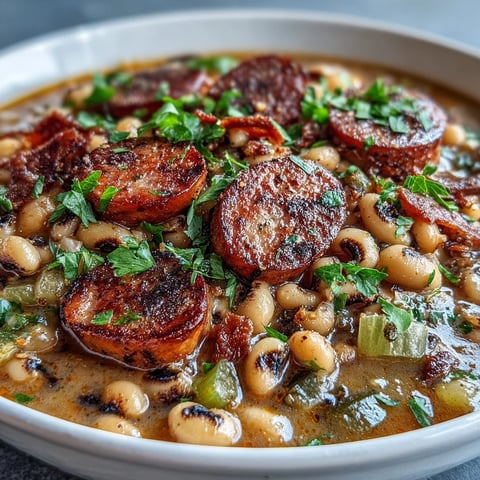 Simmered Southern-Style Black-Eyed Peas with smoked sausage and bacon, garnished with fresh parsley, served steaming in a rustic pot.  