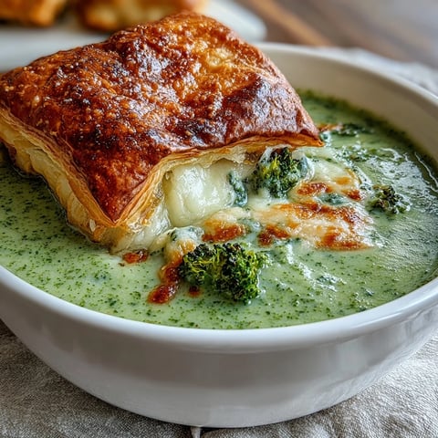 A close-up of Creamy Broccoli and Butternut Squash Soup With Pastries, featuring a rich, velvety orange-green soup topped with a golden, flaky brie and cheddar pastry.  