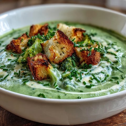 Steaming bowls of homemade cream of broccoli soup garnished with fresh chives and croutons.