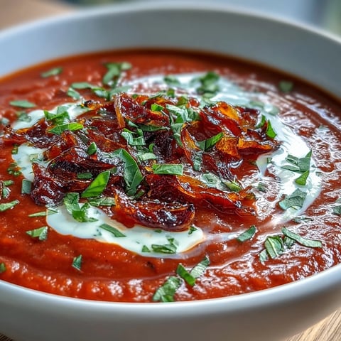 A bowl of creamy Roasted Tomato Basil Soup, garnished with fresh basil and a drizzle of cream.