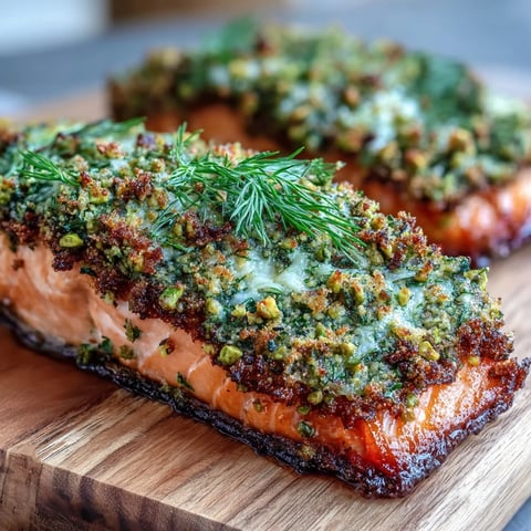 A golden pistachio crusted salmon filet with a crunchy topping, seared to perfection and served with fresh lemon wedges.  