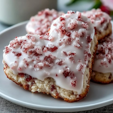 Heart-shaped strawberry sugar cookies decorated with glossy pink royal icing, perfect for Valentine's Day celebrations.  