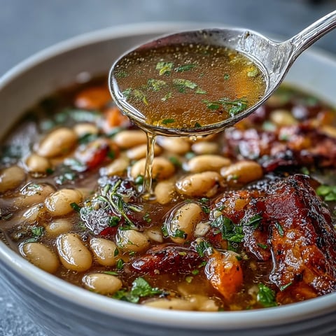 A bowl of slow cooker ham and bean soup with tender carrots and celery in a rich, savory broth.