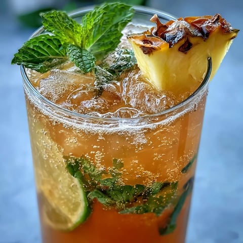 Vibrant pineapple ginger fizz in tall glasses with ice, garnished with fresh mint and lime slices, perfect for summer parties.  