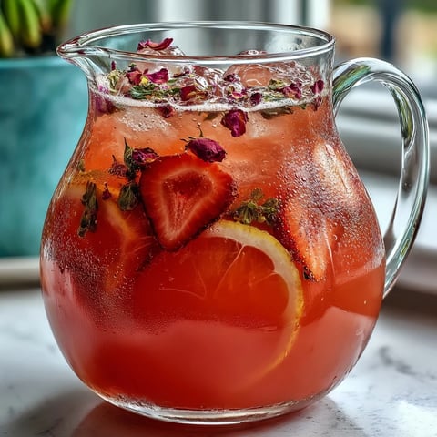 A vibrant pitcher of strawberry rose lemonade, with fresh strawberries, lemon slices, and edible rose petals floating in chilled, pink-hued refreshment.