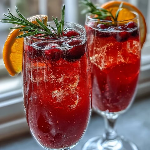 Refreshing orange cranberry sparkler mocktail with rosemary, cranberries, and orange slices in elegant glasses.  
