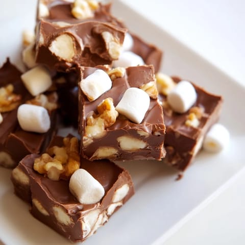 Perfectly chilled Rocky Road Fudge squares, a classic American treat, melting in your mouth.
