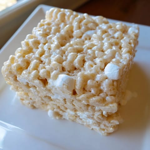 Freshly cut Rice Krispie Treats, offering a tempting view of the sweet, marshmallowy goodness.