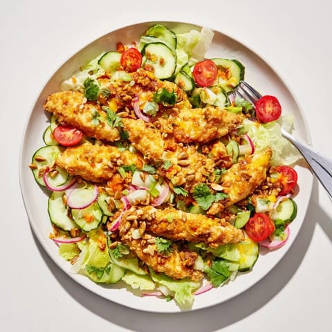 A close-up of Crispy Hot Honey Chicken Salad with juicy chicken, tomatoes, cucumbers, and a vibrant drizzle of hot honey.  