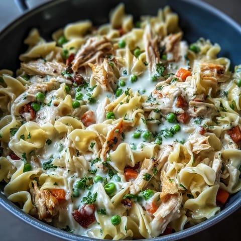 Creamy Spring Chicken Noodle Skillet with shredded chicken, sweet peas, and carrots, garnished with fresh parsley on a rustic table.  