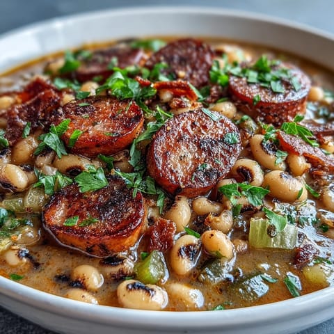 Simmered Southern-Style Black-Eyed Peas with smoked sausage and bacon, garnished with fresh parsley, served steaming in a rustic pot.  
