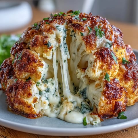 Sliced wedges of Cheesy Stuffed Cauliflower Head reveal creamy cheese filling and tender, knife-ready florets.