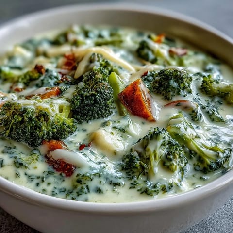 Creamy Broccoli Cheddar Soup with tender broccoli florets and shredded carrots in a rustic ceramic bowl.