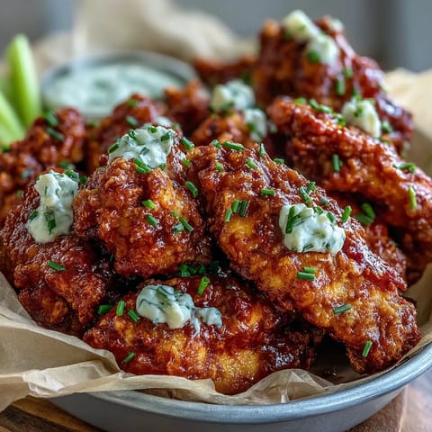 Crispy restaurant-style Fried Chicken Wings served with creamy ranch dressing and crisp celery sticks on the side.