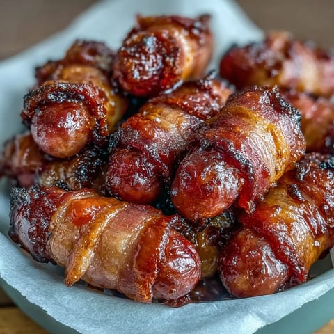 Golden brown Bacon-Wrapped Smokies served warm on toothpicks, perfect for easy party snacking.