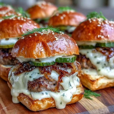 Toasted slider buns hold juicy bratwurst patties topped with caramelized onions and tangy dill pickles, ready for serving.