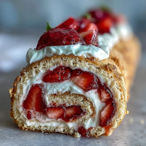 A single slice of Strawberry Shortcake Sushi Roll drizzled with white chocolate on a marble surface. 