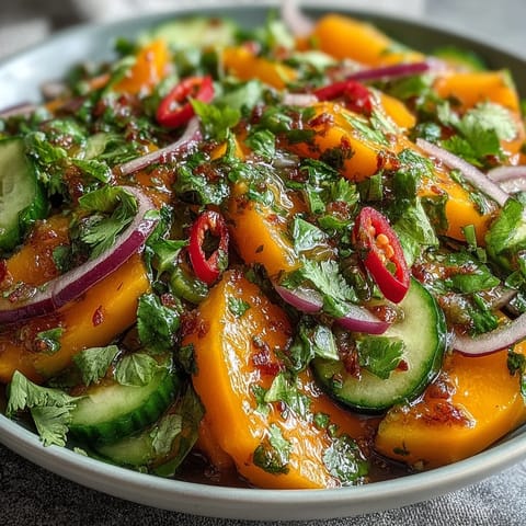 A bowl of Refreshing Mango Salad with red onion, cucumber, and fresh cilantro, perfect for a light lunch or dinner.