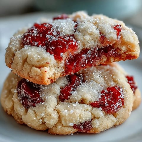 A stack of Soft Chewy Raspberry Sugar Cookies displays their crackled tops and ruby-red raspberry bursts against a rustic wooden background.
