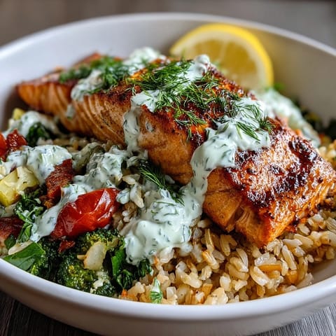 Golden, crispy rice forms the base for pan-seared salmon, topped with Mediterranean vegetables and a lemon-yogurt drizzle.
