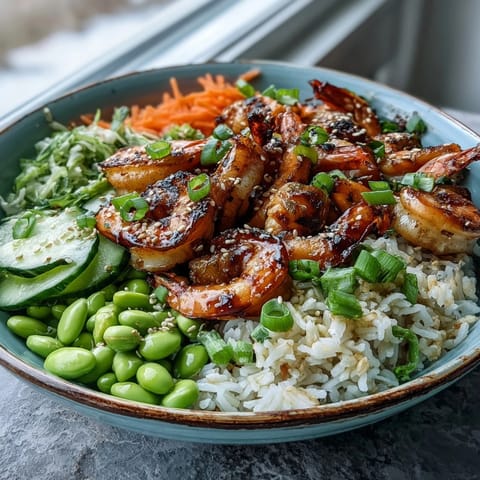 Colorful Asian Shrimp Bowl garnished with scallions and sesame seeds, ready to serve for a healthy dinner.