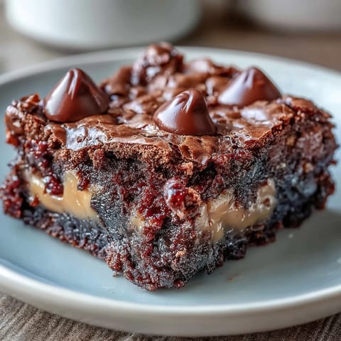Slices of Rich Peanut Butter Cup Dump Cake served warm with vanilla ice cream melting over the rich, chocolate-peanut butter layers.