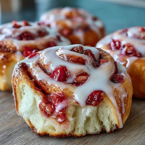 Glazed Strawberry Cinnamon Rolls on a white plate, filled with bright red strawberry jam and served with coffee.