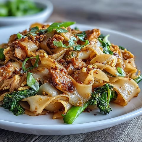 Savory-sweet Authentic Thai Pad See Ew topped with a golden scrambled egg and stir-fried Chinese broccoli.