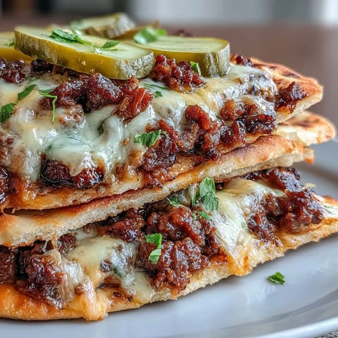 Golden-brown, crispy-edged mini naan breads are generously topped with savory ground beef, melted cheese sauce, and tangy dill pickle slices for a cheeseburger-inspired pizza.