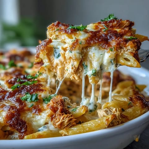 Creamy Buffalo Ranch Chicken Pasta Bake with golden, bubbly mozzarella topping in a white ceramic baking dish.