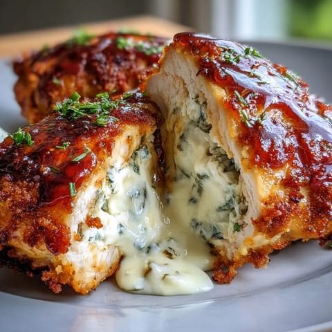 A close-up of Hot Honey Ricotta Stuffed Chicken drizzled with sweet-spicy glaze and served with roasted asparagus.