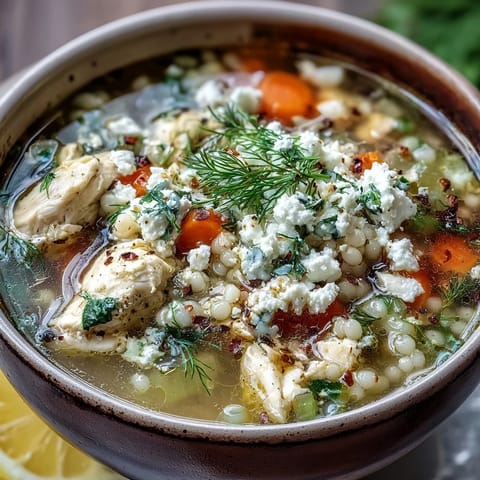 Steaming Greek Chicken & Pearl Couscous Soup features tender chicken, pearl couscous, and bright lemon notes, served with a side of crusty bread.