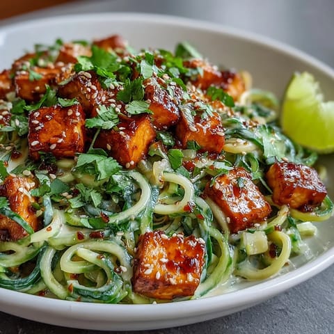 Spicy tofu and crisp cucumber noodles tossed in creamy chili dressing for a refreshing bowl.