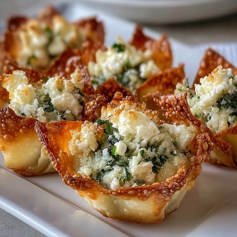 Freshly baked Crispy Spinach Feta Wonton Cups feature golden, crunchy shells filled with warm, creamy, savory spinach and cheese filling.