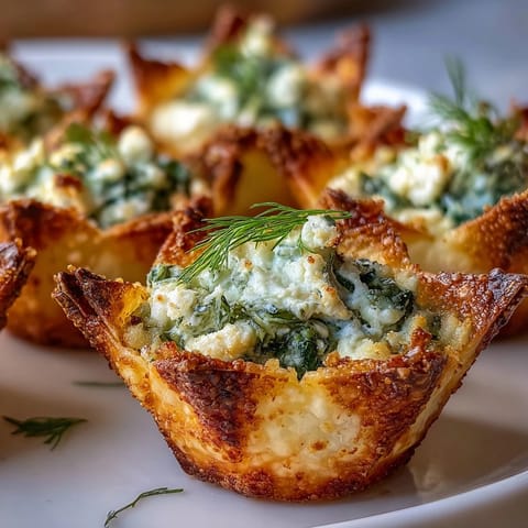 Crispy Spinach Feta Wonton Cups sit on a serving platter, garnished with fresh dill, ready for a party appetizer spread.