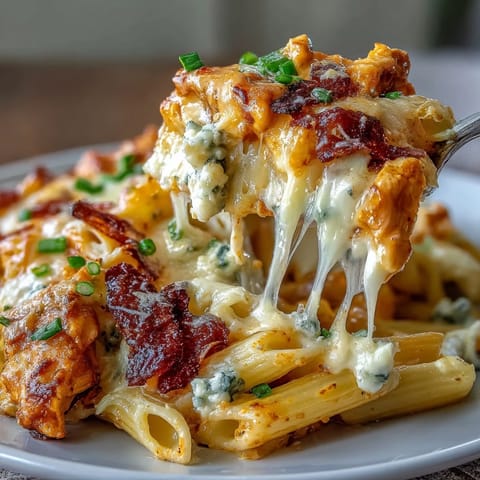 Freshly baked Creamy Buffalo Ranch Chicken Pasta Bake with a golden, bubbly cheese crust and green onions on a rustic table.
