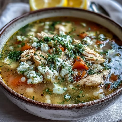 Bright bowl of Greek Chicken & Pearl Couscous Soup garnished with crumbled feta, fresh dill, and lemon wedges.