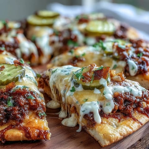 Freshly baked Cheeseburger Garlic Naan Pizzas with melted cheddar, pickles, and ground beef on golden naan.