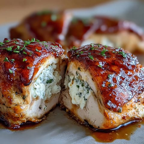 Golden-brown Hot Honey Ricotta Stuffed Chicken breasts emerge from the oven with bubbling cheese oozing from the sides.
