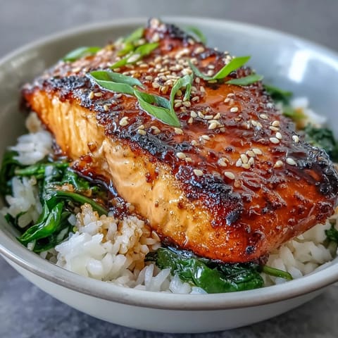 Tender salmon with caramelized miso glaze, paired with fluffy rice and garlicky spinach for a balanced, flavor-packed meal.  