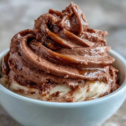 A bowl of creamy vegan chocolate banana nice cream with a rich almond butter swirl, topped with dark chocolate shavings and fresh banana slices.