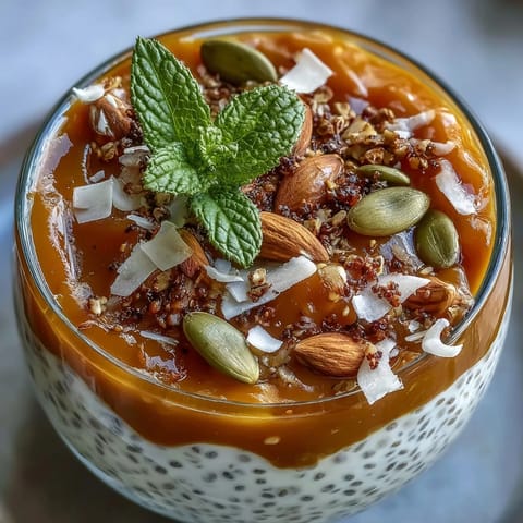Light and refreshing mango coconut chia pudding cups, layered with juicy mango and crunchy pumpkin seeds for a tropical morning treat.