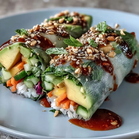 Lush vegan spring rolls packed with juicy mango, creamy avocado, and vibrant vegetables, paired with zesty sweet chili sauce for dipping.  