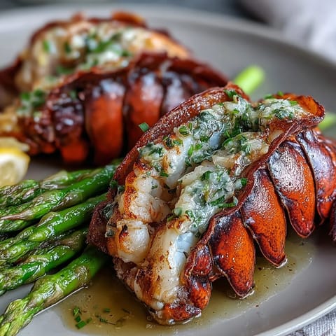 Succulent lobster tails roasted in garlic butter, served with tender-crisp asparagus for a rich keto dinner.