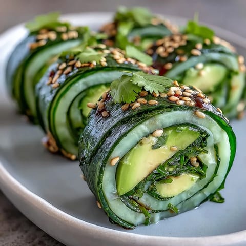 Light cucumber avocado rolls with sesame, a fresh and vibrant sushi-inspired appetizer with crisp cucumber, creamy avocado, and toasted sesame seeds.