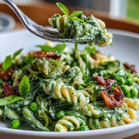 Creamy green goddess pasta salad with peas and basil, tossed with fresh herbs, cucumber, and radishes for a refreshing, light meal.  