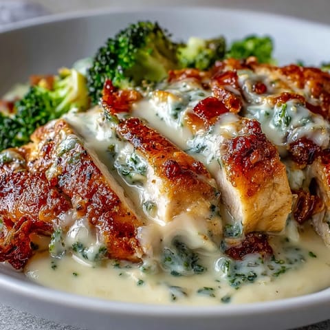 A creamy, low-carb chicken Alfredo with tender strips of chicken in rich Parmesan sauce over steamed broccoli florets.