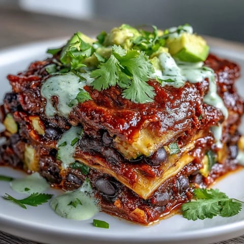 Colorful plant-based enchilada bake topped with creamy avocado crema, featuring black beans, corn, and zucchini.  